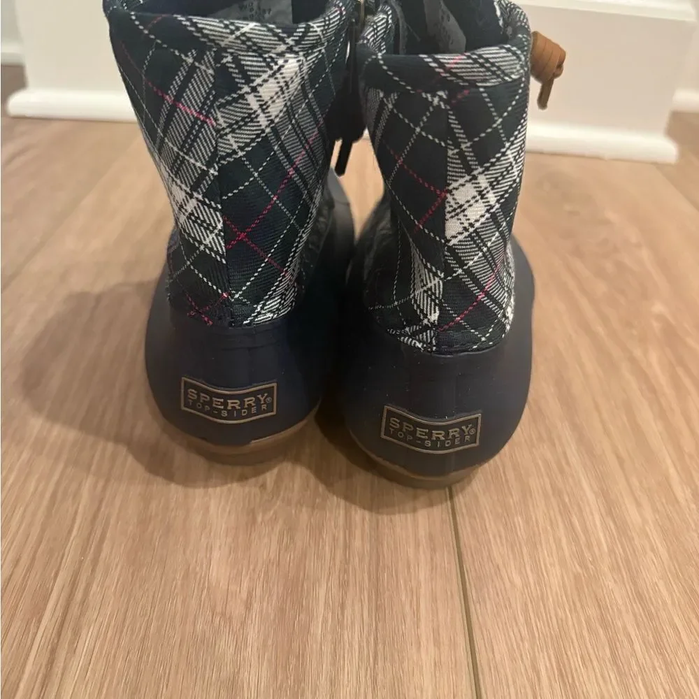 Sperry Navy Plaid Winter Duck Boots with Rubber Sole